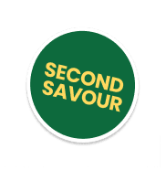 Green sticker with yellow text reading 'Second Savour,' featuring a clean and bold design