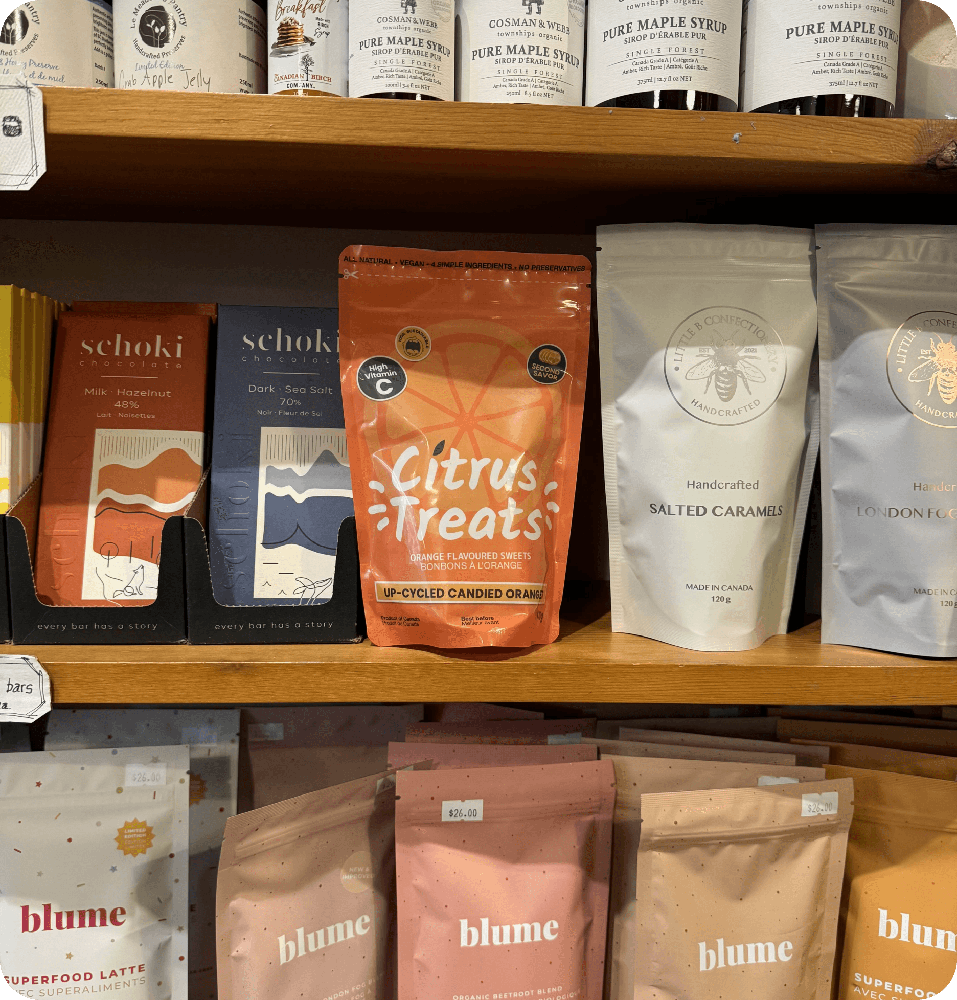 Citrus treats displayed in-store, offering a vibrant selection of tangy, refreshing fruit snacks