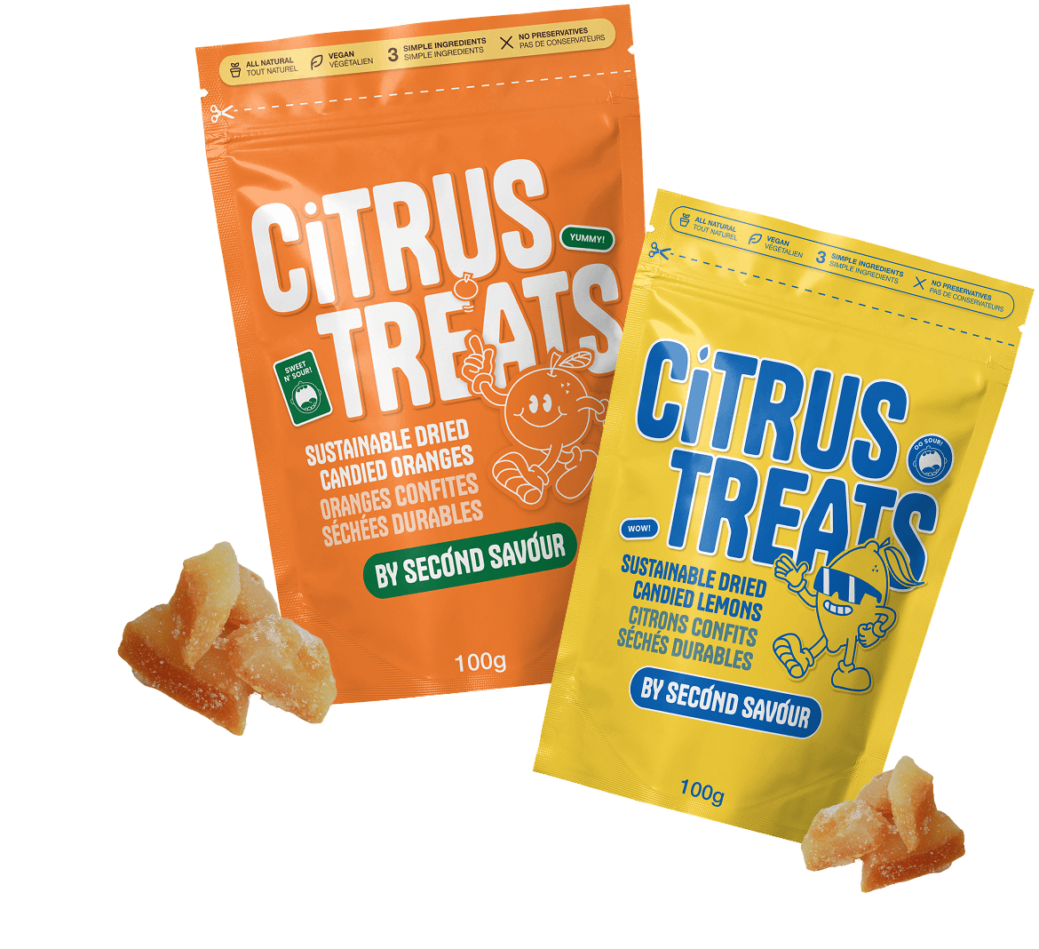 A bag of citrus treats, featuring vibrant, fresh fruit snacks with a zesty, tangy flavor